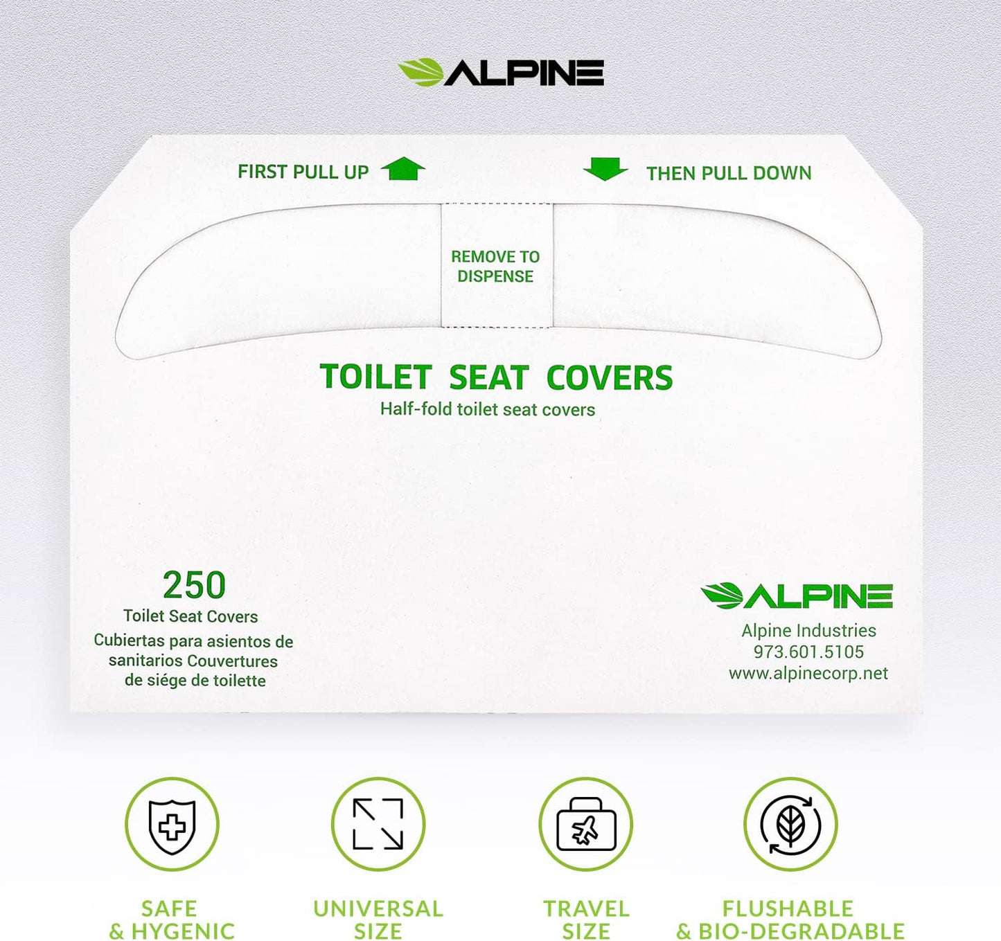 Alpine Industries Flushable Disposable Toilet Seat Covers for Public Bathroom - 250 Sheets Per Box - 3 Boxes - 750 Sheets