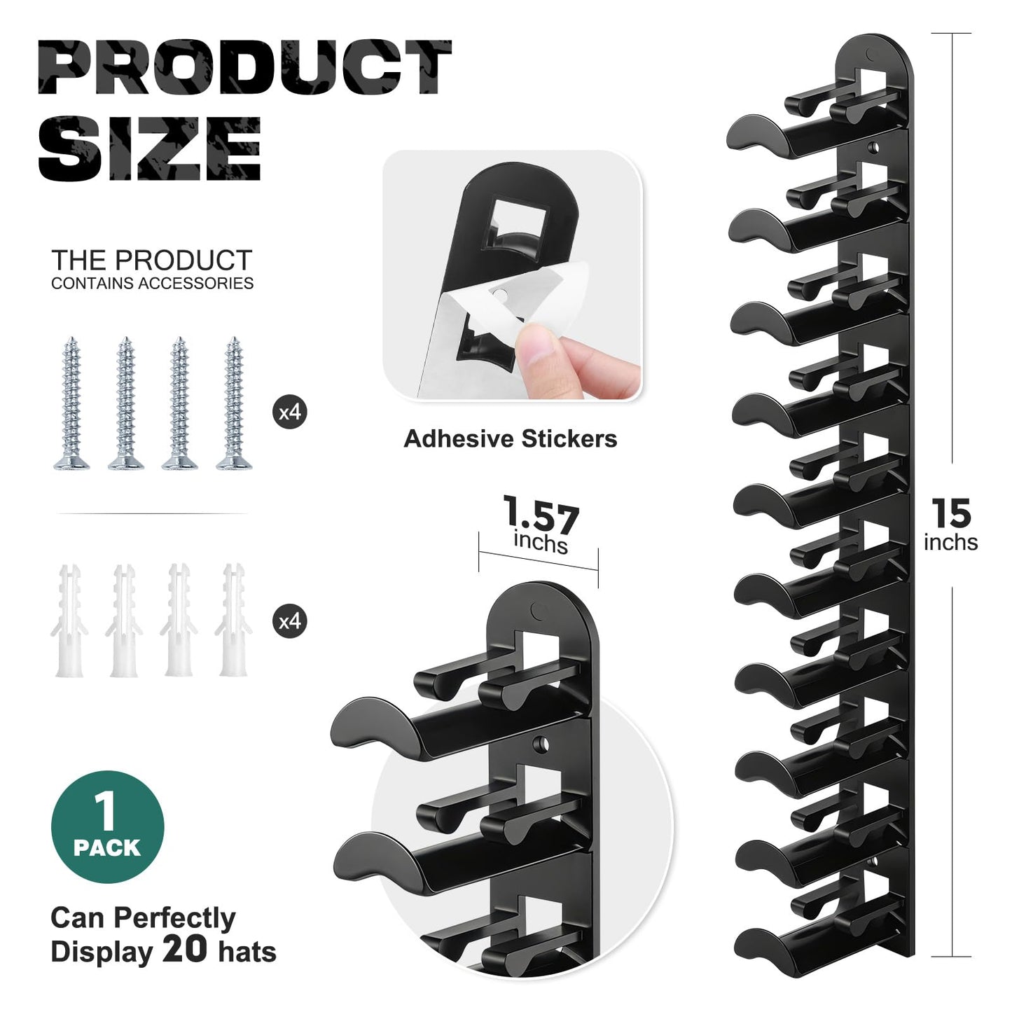 Hat Hook for Wall, 2 Pack Hat Organizer Hold up to 20 Hats,Hat Holder with Strong Adhesive and 8 Pack Screws, Cap Holder Hat Hangers for Wall Closet Door and Bedroom(B-Black) BST220