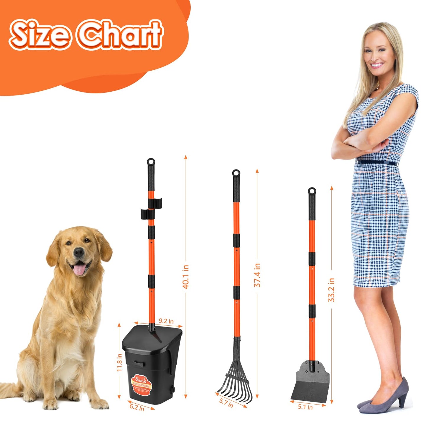 SlowTon Dog Pooper Scooper - 37.4" Long Metal Handle Adjustable Rake & Spade & Swivel Bin with 10 Waste Bags, Portable Pooper Scooper N3233