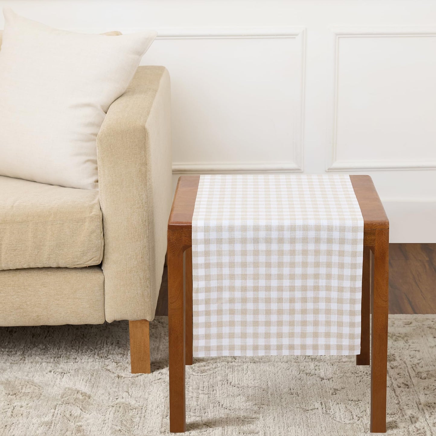 Solino Home 100% Pure Linen Table Runner Apricot, Gingham Check 14 x 36 in | Table Runners for nightstands, end tables, coffee tables and dressers | checkered weave, mitered corners | OEKO-TEX Certified BST326SOLH