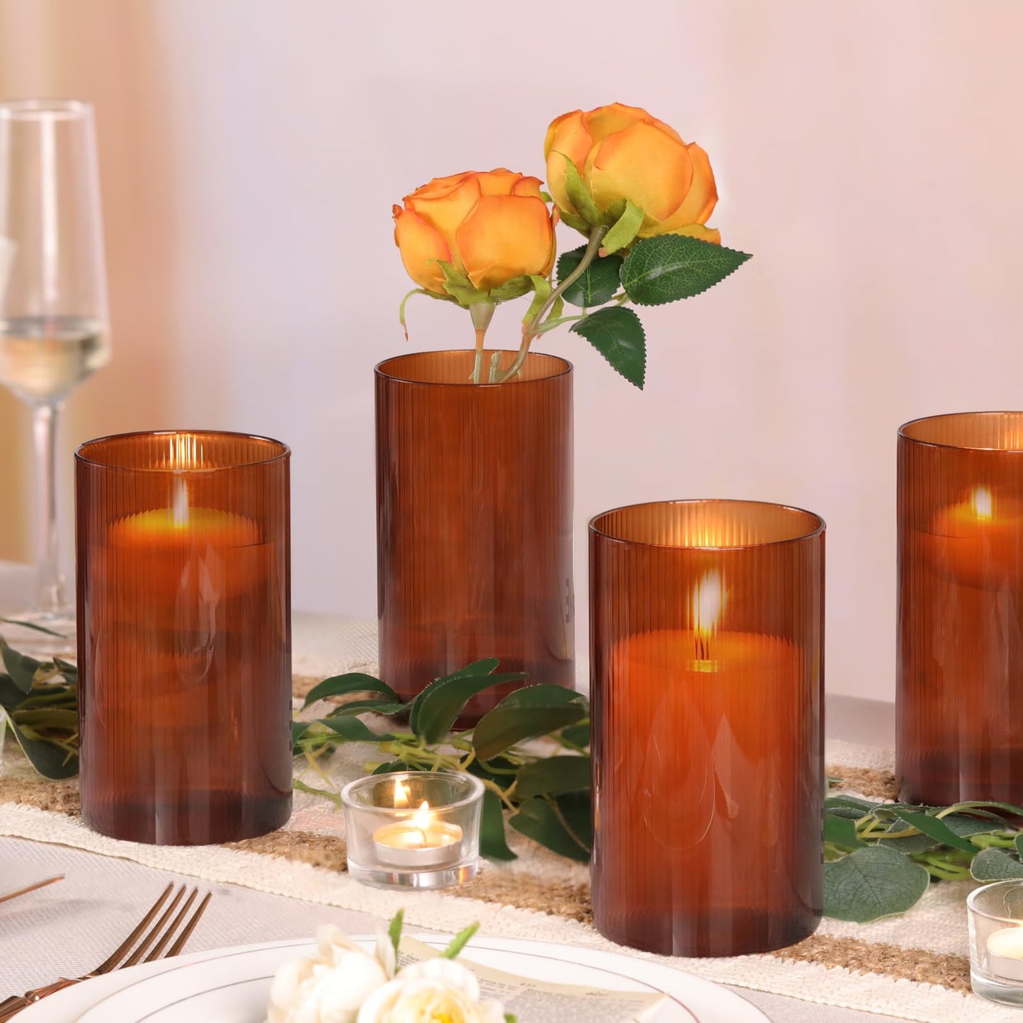 Glass Ribbed Cylinder Vases, 8 Inch Tall, Clear, Pack of 3 | Flower Vases in Bulk, Hurricane Floating Candle Vases, For Party Home Decor BST326H