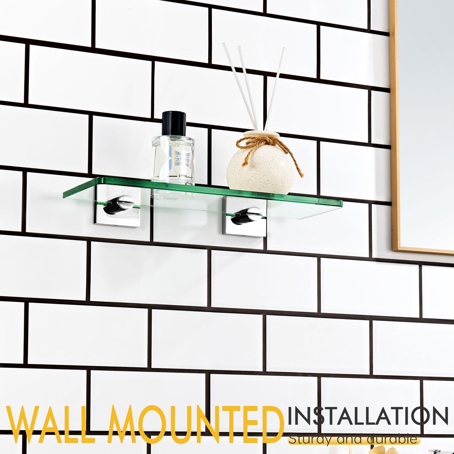 KOKOSIRI Glass Shelf for Bathrooms Floating Shelves Wall Mount 16-Inch for Shower Storage Kitchen Rack, 2 Pack Brushed Stainless Steel B1107BR-L16-P2 BST202