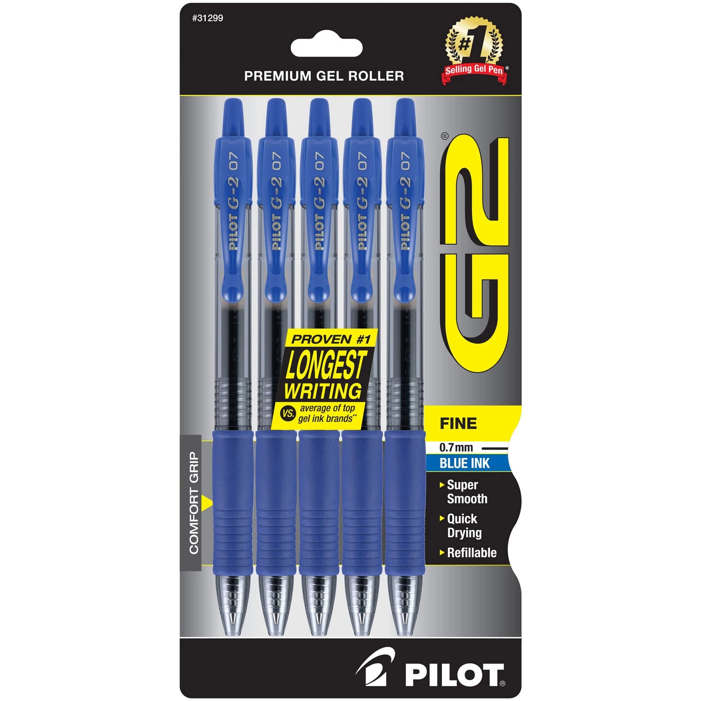 Pilot G2 Premium Gel Roller Pens, Fine Point 0.7 mm, Blue Ink Pens Fine Point, Pack of 5 - Ideal for School, Journaling, and Office Writing