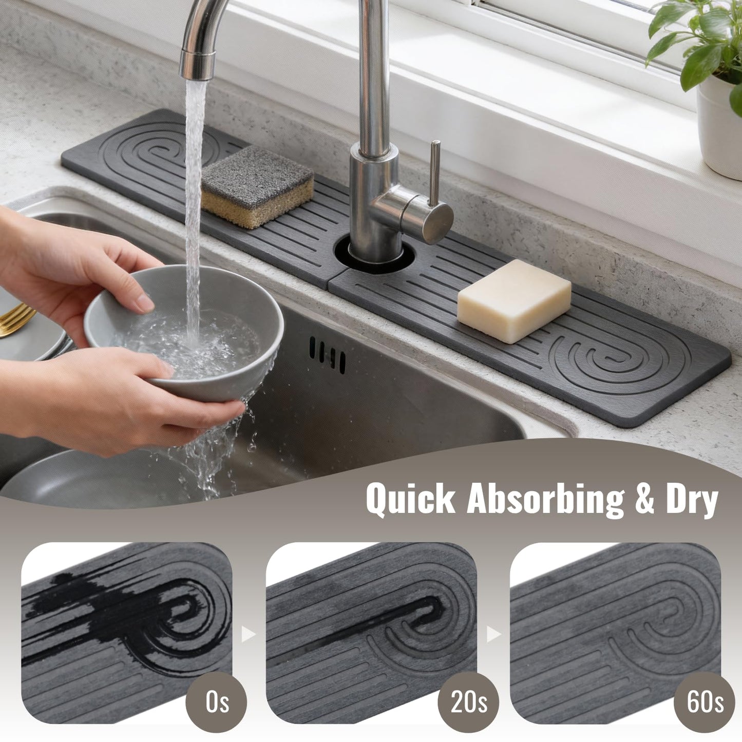 Hopegiver Stone Faucet Mat for Kitchen Sink - Fast Drying Diatomite Sink Protector Prevent Moisture, Super Water Absorbing Stone Tray for Kitchen & Bathroom Counter (White, 15.7"x3.9") BST326H
