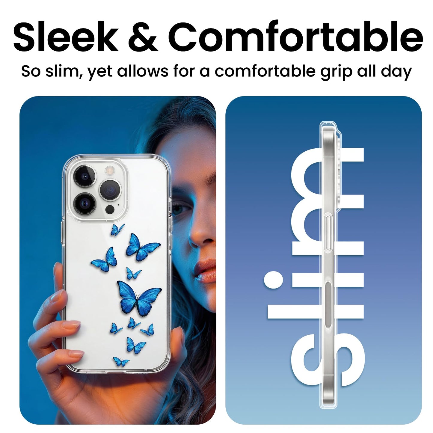 Cute Girly Crystal Clear Case Compatible with iPhone 16 Pro, Camera Control & Shockproof Protection Floral Case for Women, Blue Butterflies WN420