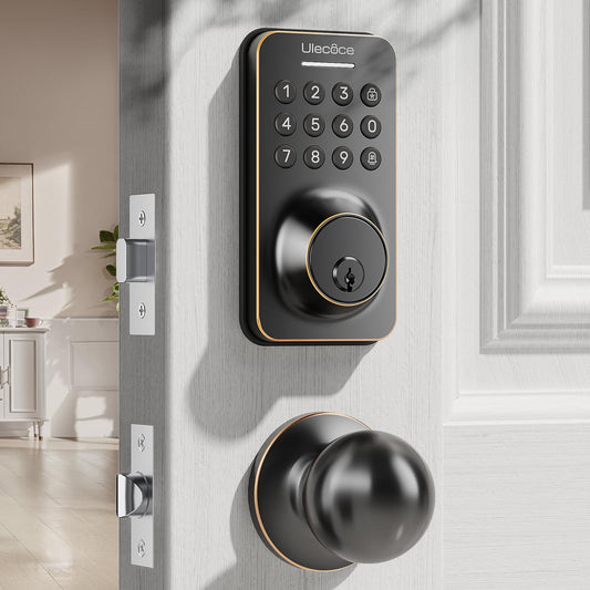 Ulecoce Keyless Entry Door Lock with Knob Set, Door Locks for Front Door with Handle Set, Auto Lock, One-Touch Lock, 100 Codes ＆ 3 Keys, Anti-Peeping Password, Easy Installation, Black