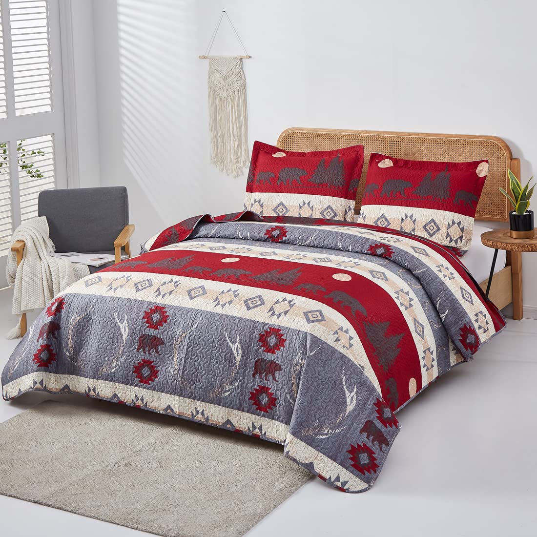 Rustic Moose Quilt Set King Size Lodge Quilt Lightweight Summer Cabin Bedspread Country Bedding Forest Bear Fish Pine Coverlet Daybed Cover Blanket Woodland Home Decor-Brown White BST220