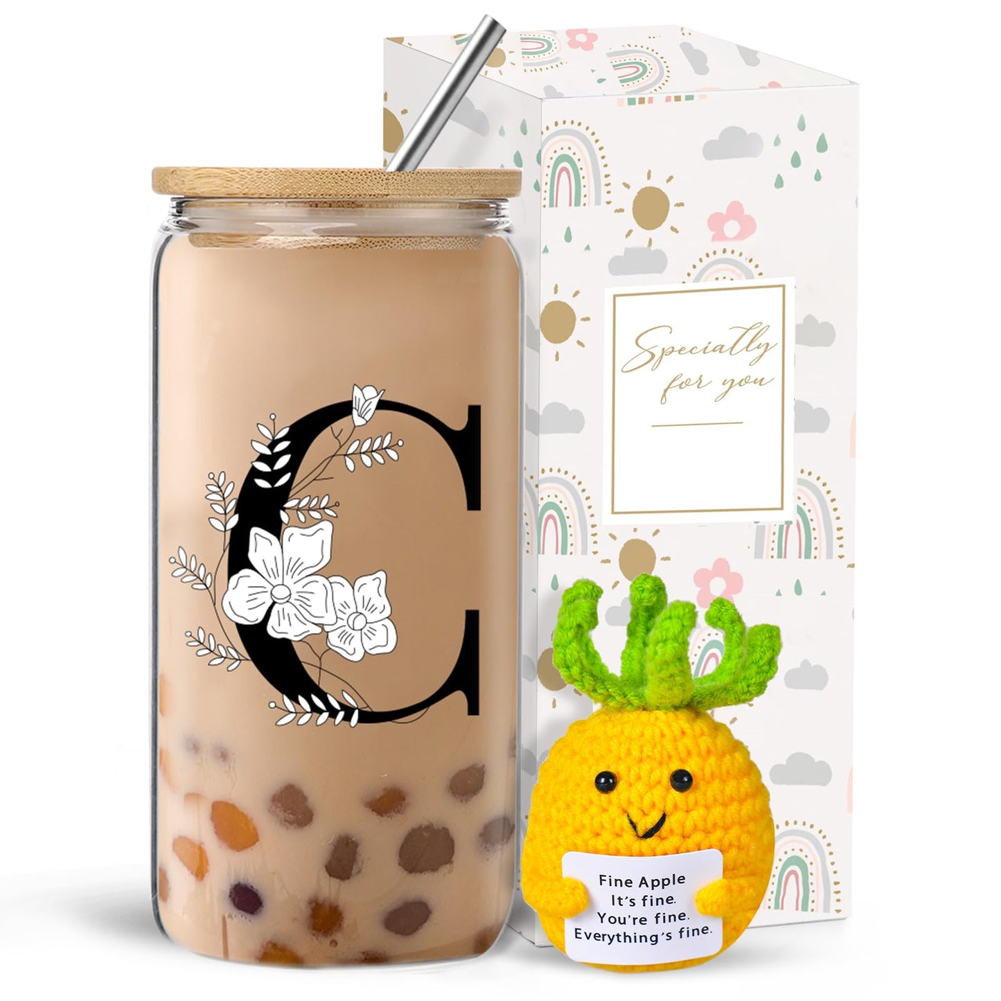 Monogrammed Initial Glass Cup with Lids and Straws gift for Women | Personalized Gift Set with Doll, 16 Oz Ice Coffee Cup ,reusable glass tumbler,Birthday Christmas Gift for Her,U WN420