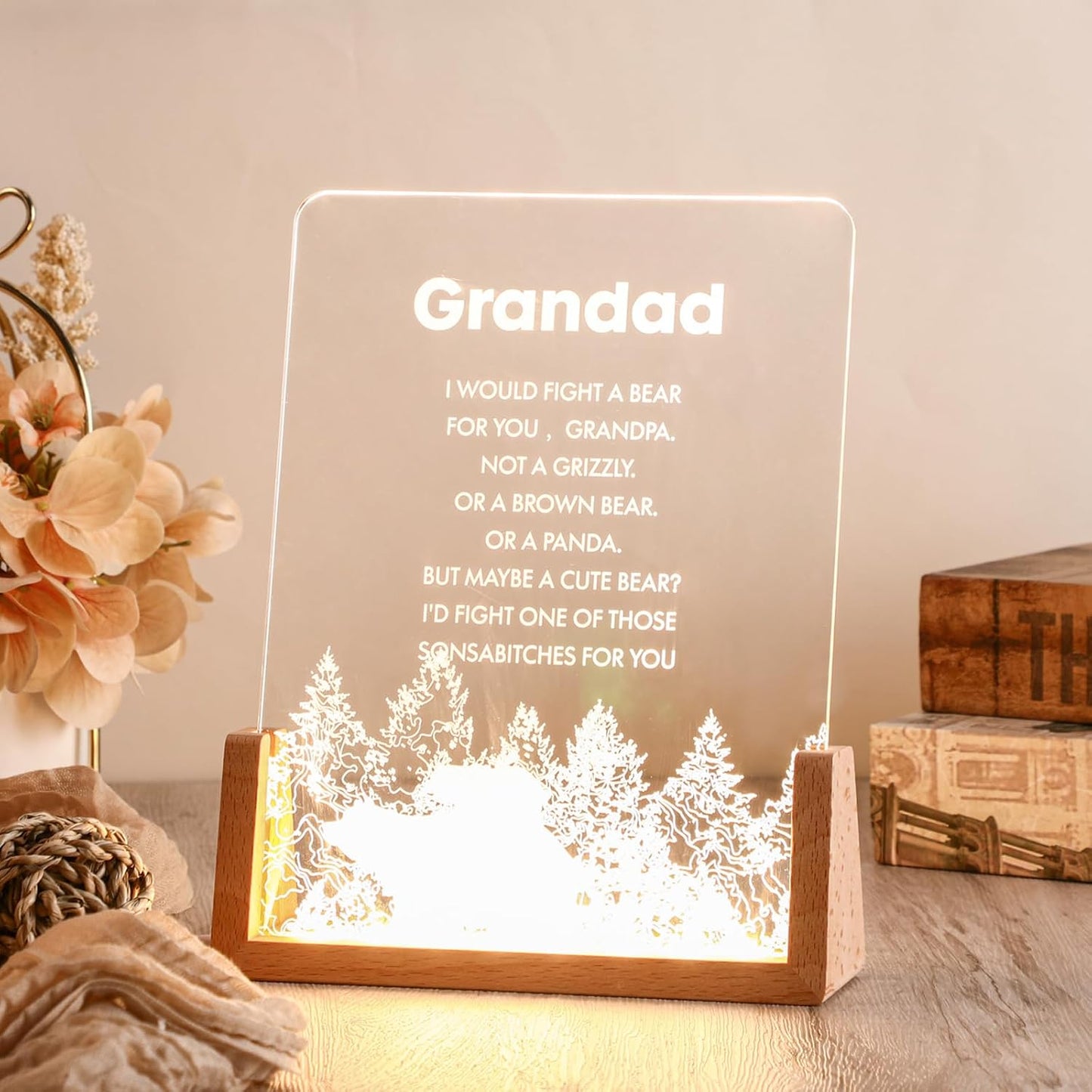 Briwooody Gift for Grandparent Wooden Night Light with Heartwarming Plaque for Unique Meaningful Grandparent's Birthday Day Gift from Grandson Granddaughter(Granddad) WN420