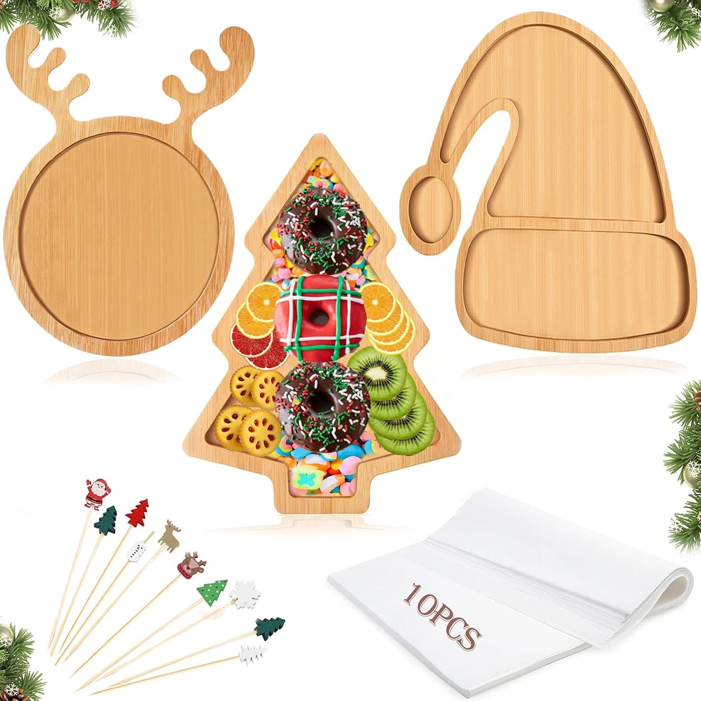 3Pcs Christmas Serving Platters, Wooden Christmas Charcuterie Boards Wood Snack Dish Plates Tray for Xmas Holiday Housewarming(Tree,Hat,Deer) BST202