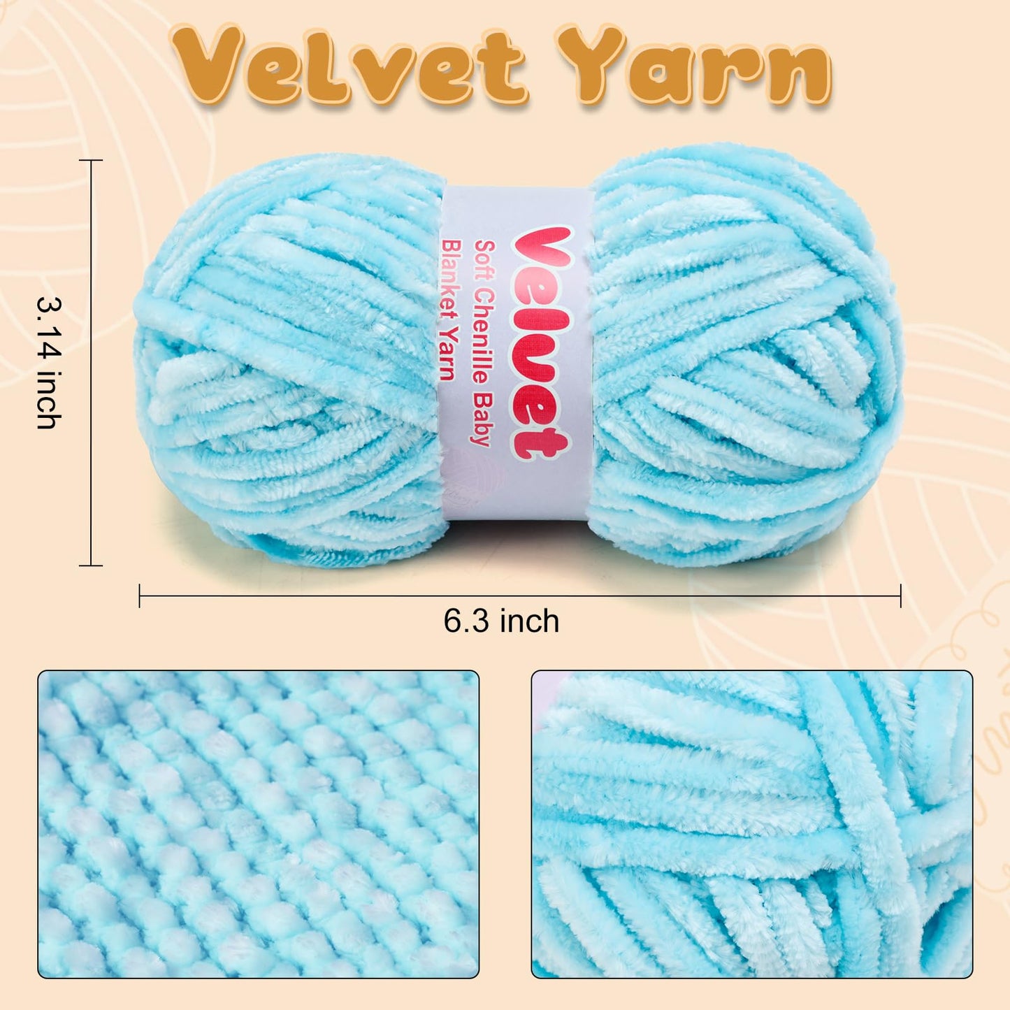Soft Velvet Chenille Yarn for Crocheting & Knitting - Bulky Yarn for DIY Weaving Crafts Beige (3.5oz 66yds/Skein) BST326H