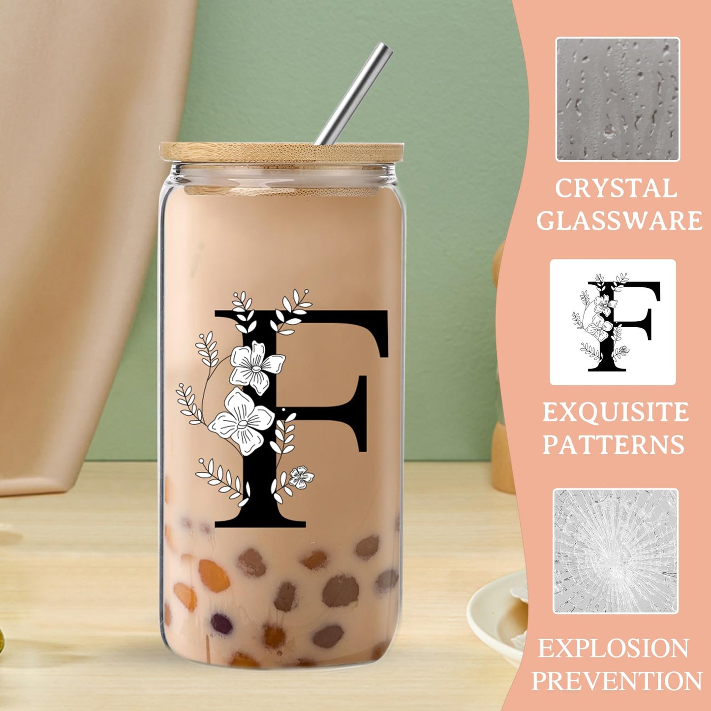 Monogrammed Initial Glass Cup with Lids and Straws gift for Women | Personalized Gift Set with Doll, 16 Oz Ice Coffee Cup ,reusable glass tumbler,Birthday Christmas Gift for Her,U WN420