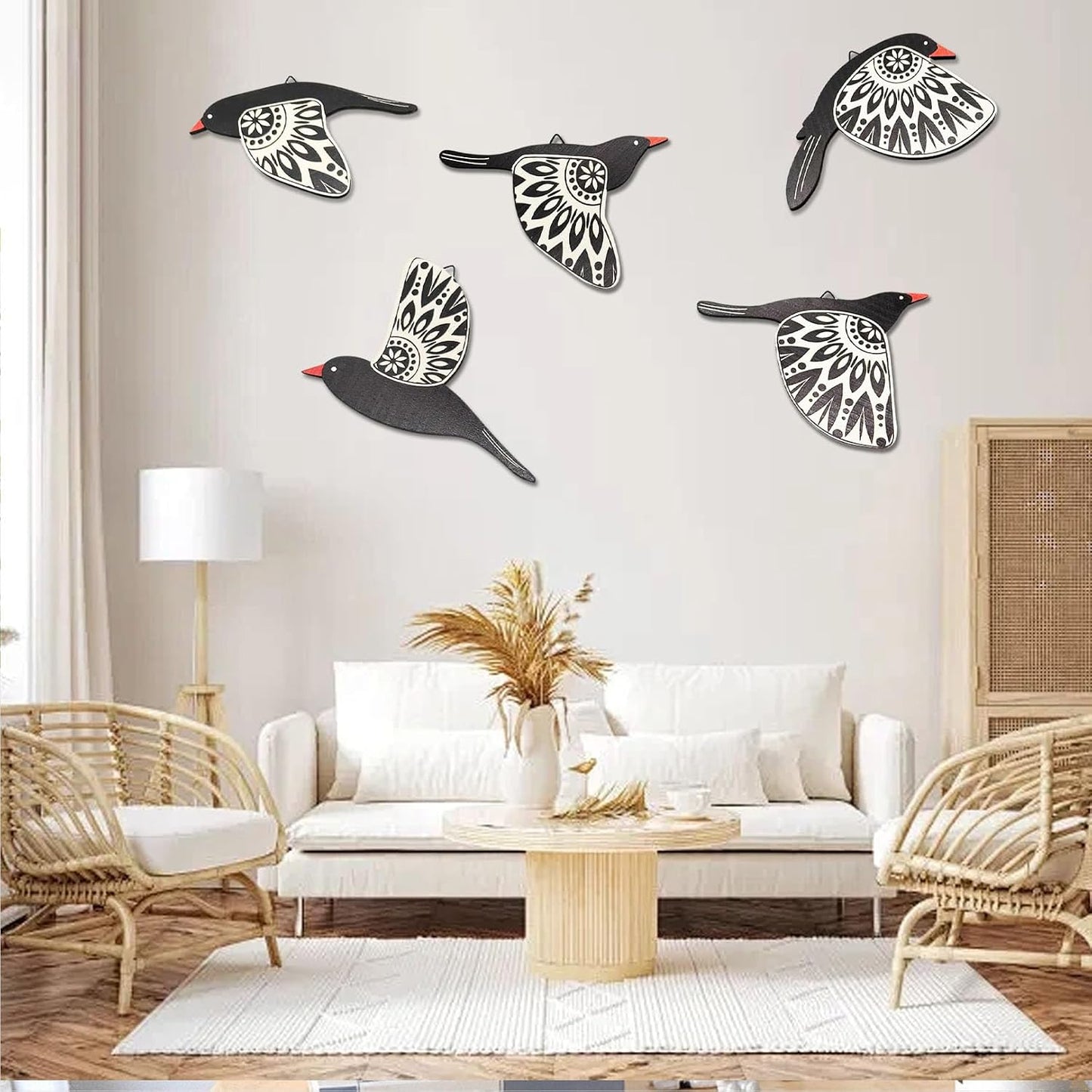 EMINGSKY 5 Pcs Wooden Bird Wall Art Wood Flying Birds Wall Decor Boho Rustic Folk Art Home Decor for Gift Living Room Bedroom Kitchen Office(Black) BST326H