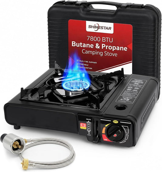 SHINESTAR 7800 BTU Dual Fuel Camping Stove, Propane Portable Gas Stove | Propane or Butane Camp Stove with Adjustable Heat Dial, Carry Case & Propane Adapter Hose,for Outdoor Cooking and Emergencies BST326H