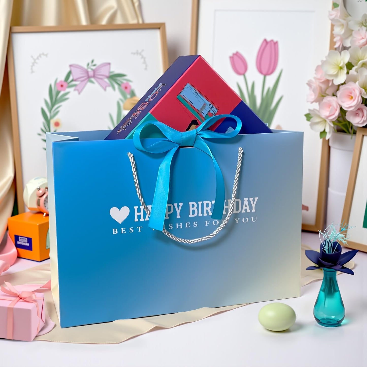 Kecorax Birthday Gift Bag for Women, 14" Large Birthday Bags Set for Girls with Tissue Paper, Card and Ribbons, Suitable for Birthday-themed Parties BST220