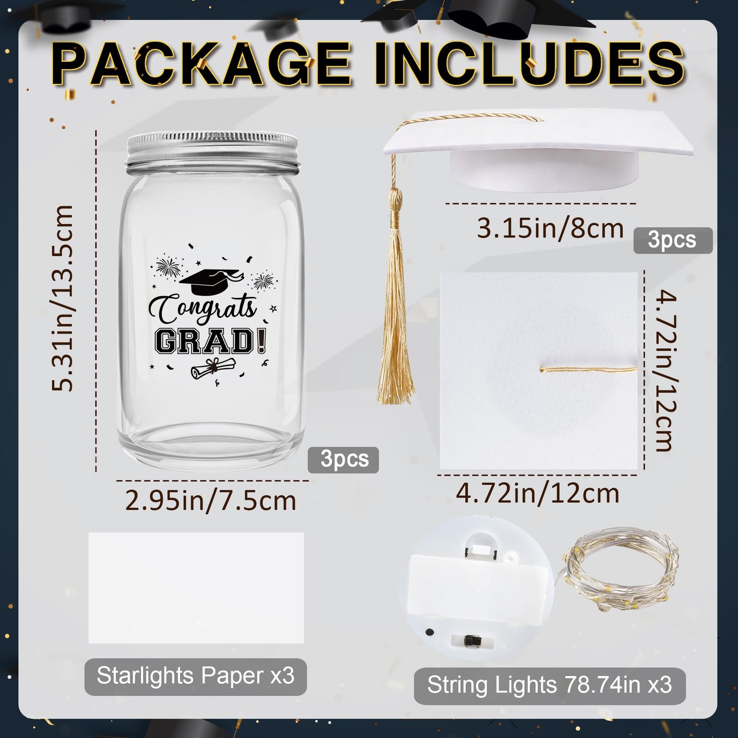 3 Sets 2026 Graduation Centerpieces for Tables, Glowing Mason Jar Centerpieces with Graduation Caps, Glowing Money Jars for College High School Congrats Grad Party Decor Supplies WN420
