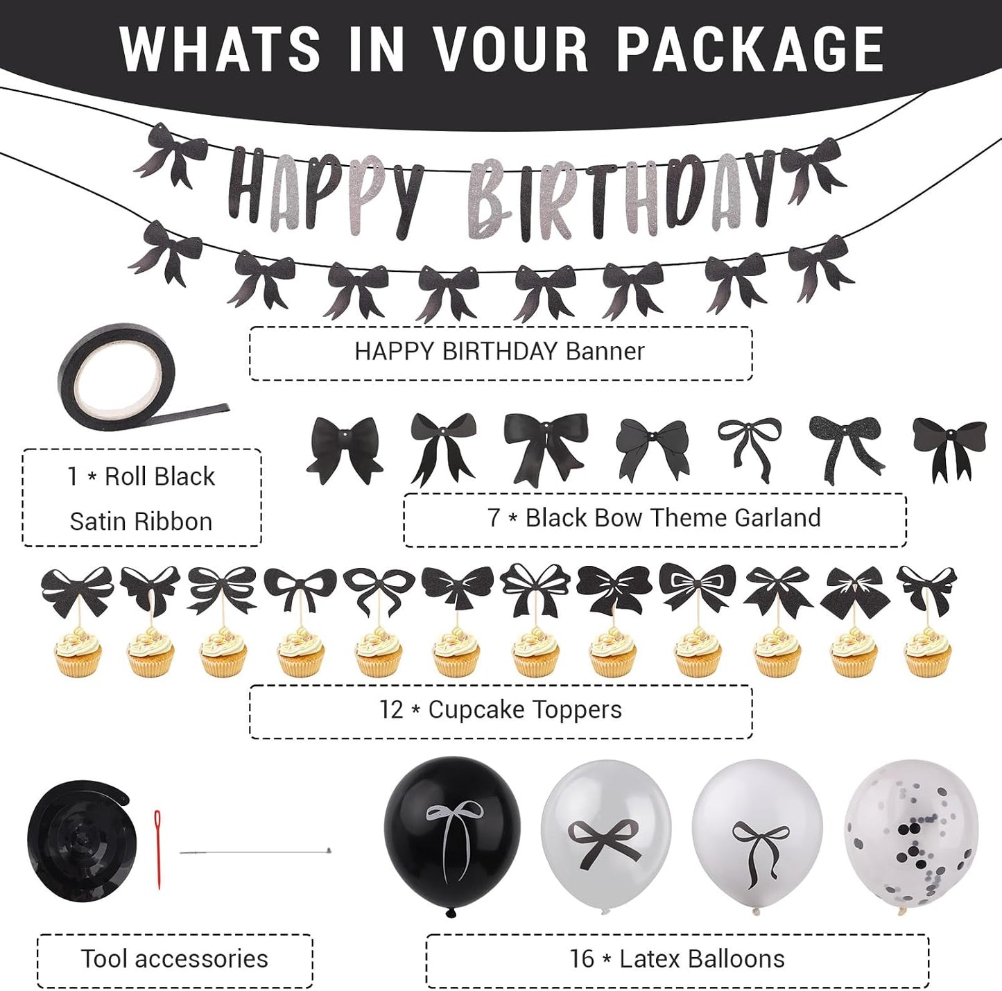 Black Bow Birthday Party Decorations, Bow Coquette Party Decor with Happy Birthday Banner Garland Black White Balloons Hanging Swirls Cupcake Toppers for Girls Women Bow Theme Decor BST220