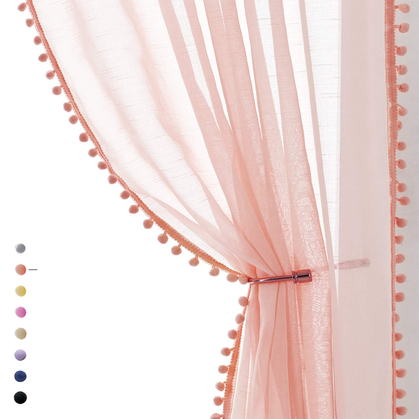 Treatmentex Pom-Pom Grey Sheer Curtains for Bedroom 63" Window Drapes Rod Pocket Textured Sheer Curtain for Kids Room 52" w 2 Panels BST202