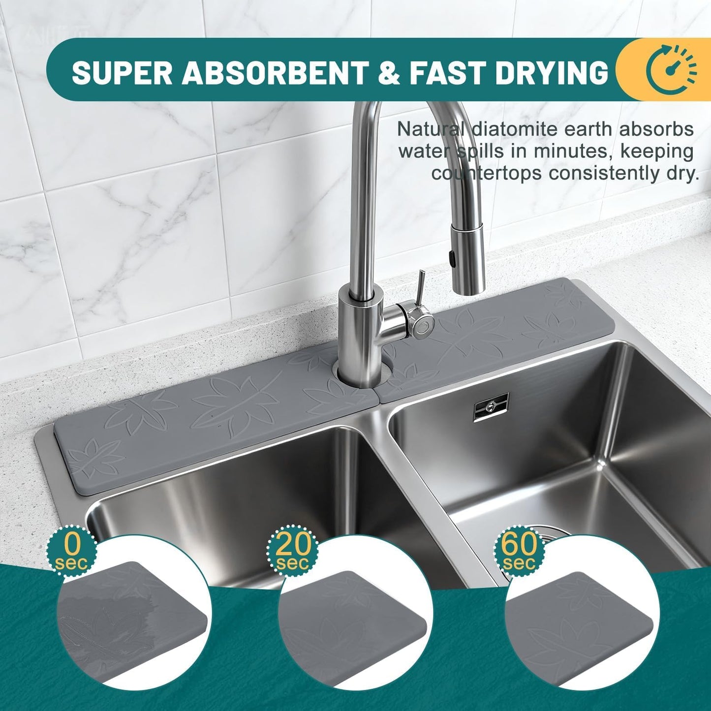 Hopegiver Stone Faucet Mat for Kitchen Sink - Fast Drying Diatomite Sink Protector Prevent Moisture, Super Water Absorbing Stone Tray for Kitchen & Bathroom Counter (White, 15.7"x3.9") BST326H
