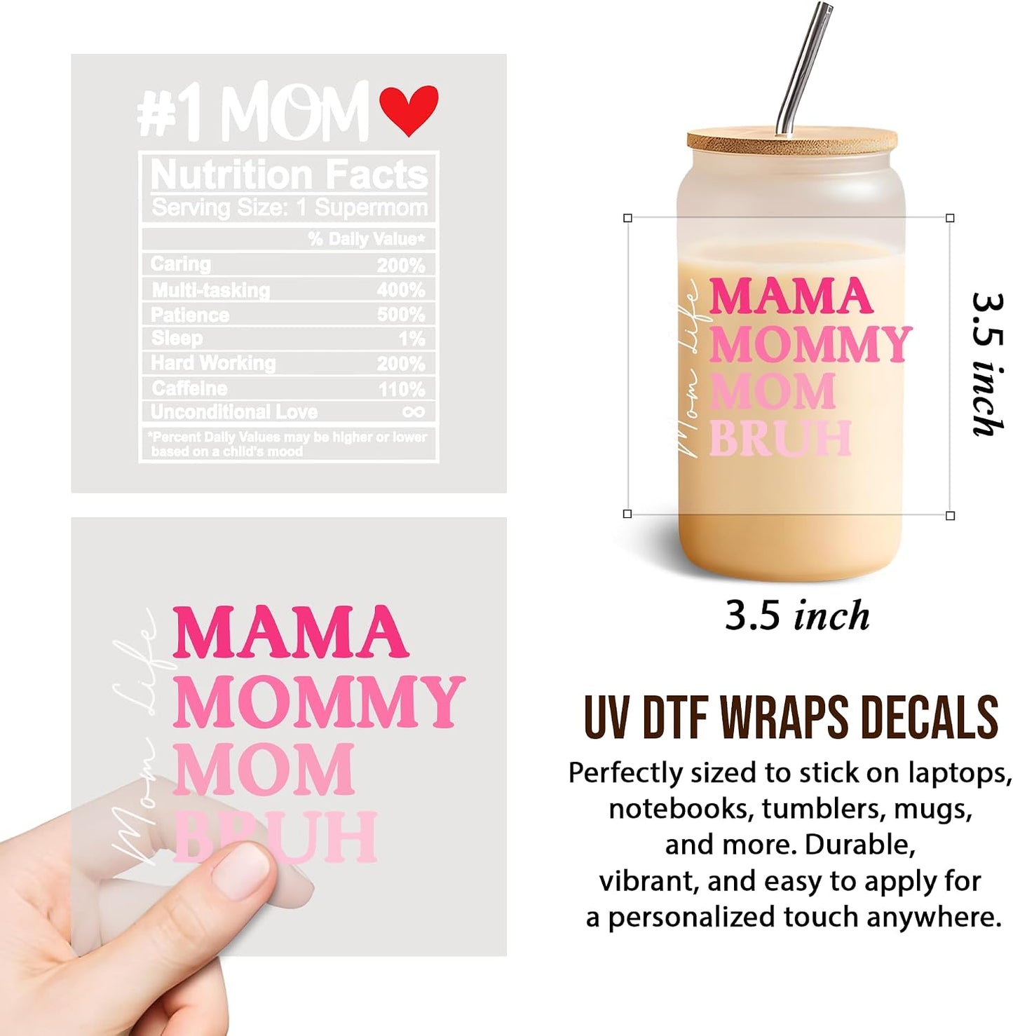 Set 2Pcs Mama Mommy Mom Bruh UV DTF Cup Wraps for 16 oz Glass Mom Life Heart Mother's Day, Cold Transfer Stickers for Glass Cups, Vinyl Waterproof Rub on Transfer Sticker Christmas BST202