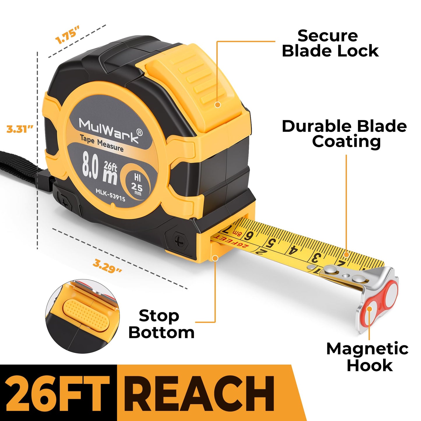 MulWark 25ft Metric Tape Measure, Measuring Tape Retractable, Easy Read Measurement Tape Both-Side Metal Blade, Magnetic Hook & Shockproof Case for Construction, Carpenter, Architect, Woodworking