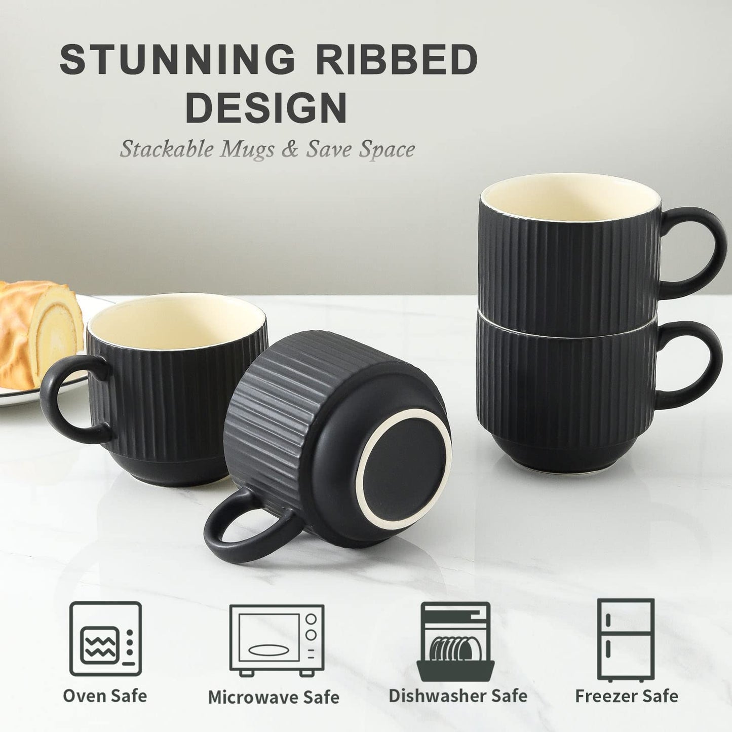 HASENSE 15 oz Ribbed Stackable Coffee Mug Set of 4, Porcelain Latte Cups with Metal Rack, Dishwasher & Microwave Safe, Cappuccino Tea Hot Cocoa, White BST220
