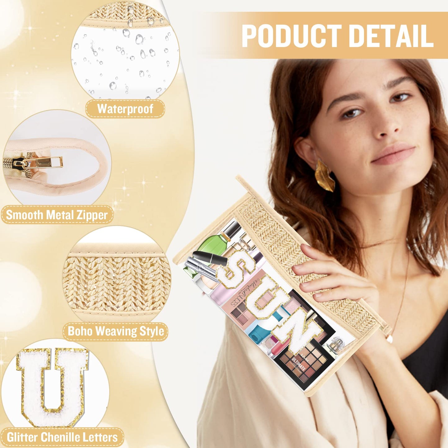 Boho Clear Makeup Bag Cosmetic Zipper Pouch Purse, Clear Toiletry Bags Travel Small Preppy Cute DIY Chenille Letter Bag, Transparent PVC Waterproof Clutch Make Up Organizer Storage Bag for Women Girls BST220