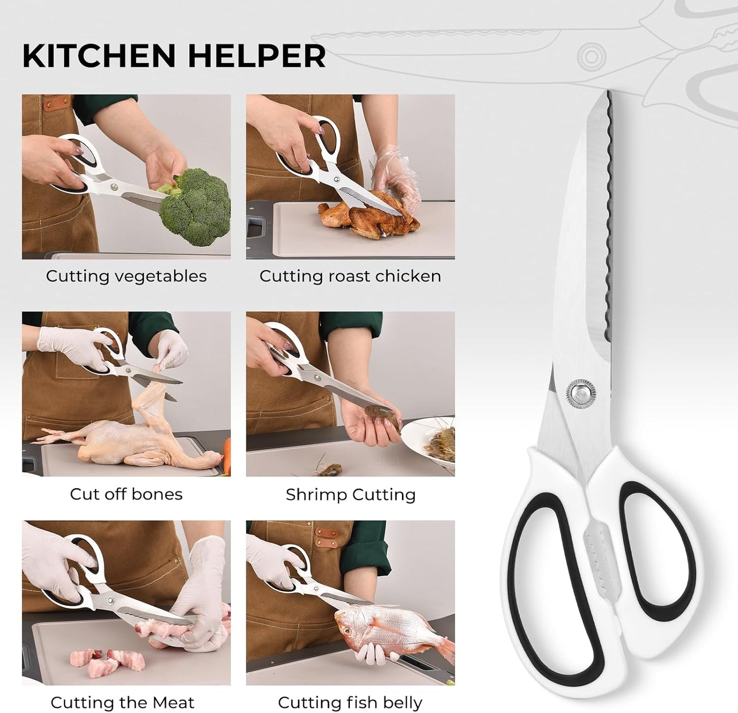 Kitchen Scissors with Ripple Blade Design, Ergonomic White Handles, Stainless Steel (Red) BST326H