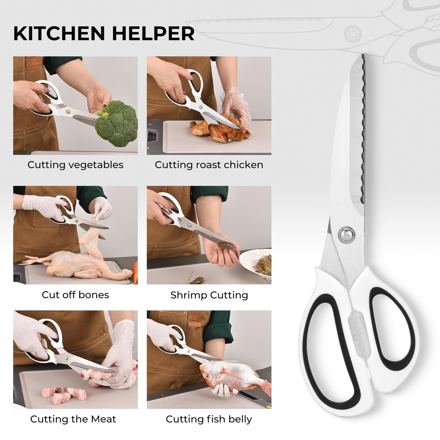 Kitchen Scissors with Ripple Blade Design, Ergonomic White Handles, Stainless Steel (Red) BST326H