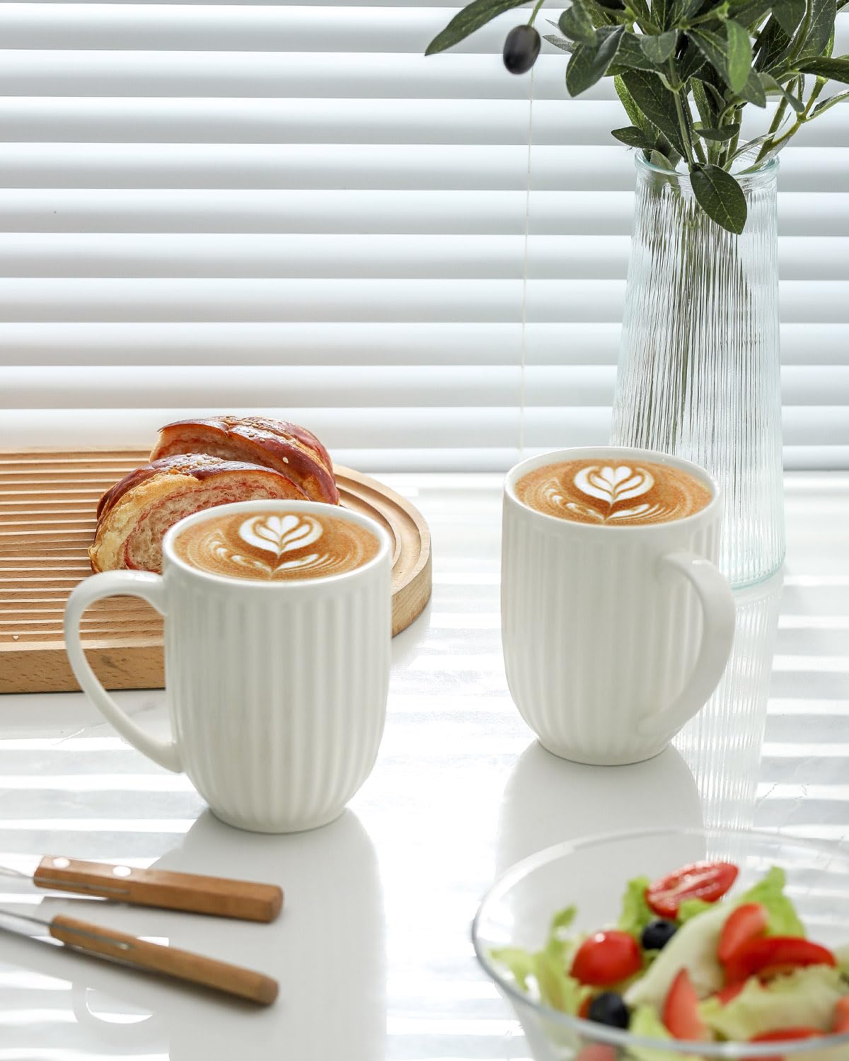 HASENSE Textured Large Coffee Mugs Set of 4, 16 Oz Ribbed Ceramic Cups with Large Handle for Latte Tea Cappuccino, Stackable Embossed Mug Set for Mom Dad, Microwave Dishwasher Safe, Creamy White BST220