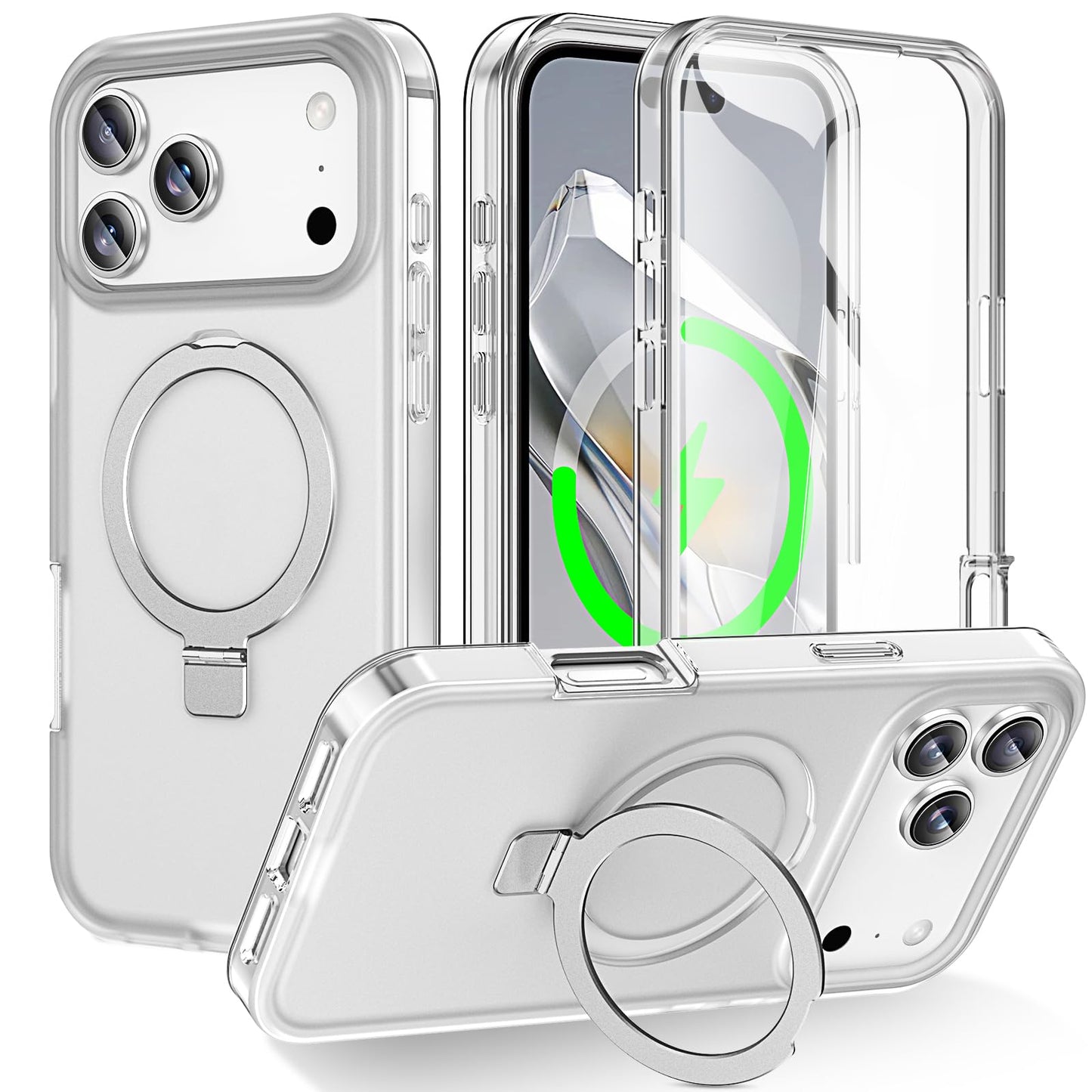 for iPhone 13 Pro Full Body Shockproof Case with Magnetic Invisible Stand [Compatible with MagSafe] Built-in Screen Protector Military Drop ProtectionTranslucent Phone Cover -Hot Pink WN420