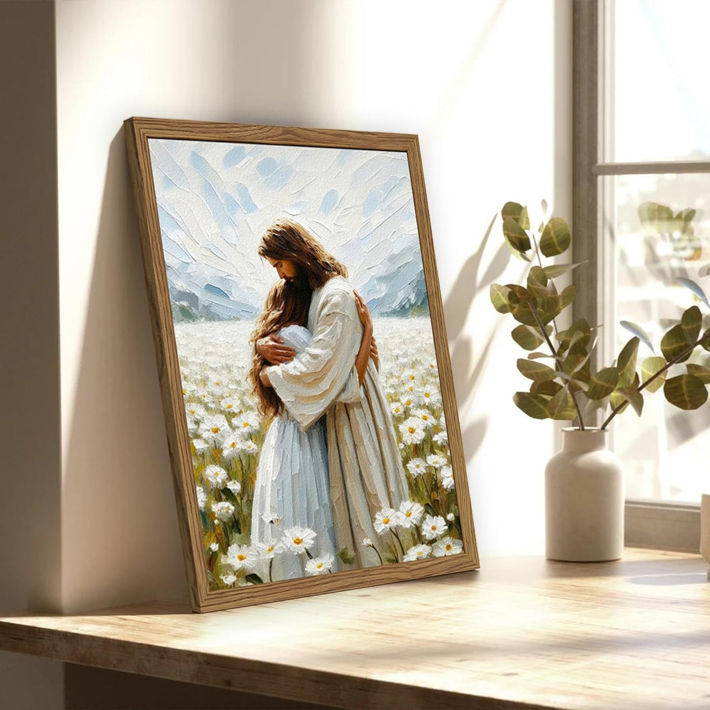 Framed 3D Textured Jesus Embracing Woman Wall Art, Jesus Hugging Woman Wall Decor Hand Drawn Sandstone Religious Christian Bible Painting Pictures for Bedroom Living Prayer Room 12x16 in Wood Framed BST202