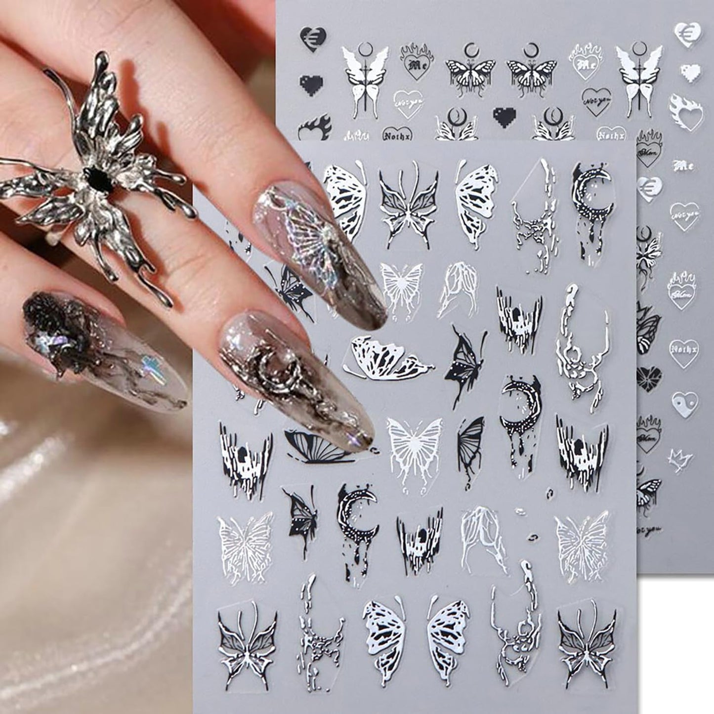 Liquid Butterfly Nail Art Sticker Decals Black Gold Black Silver Butterfly Moon Design Nail Decals 3D Self-Adhesive Nail Art Supplies Heart Nail Art Sticker Decoration for Women Manicure Supplies BST326L