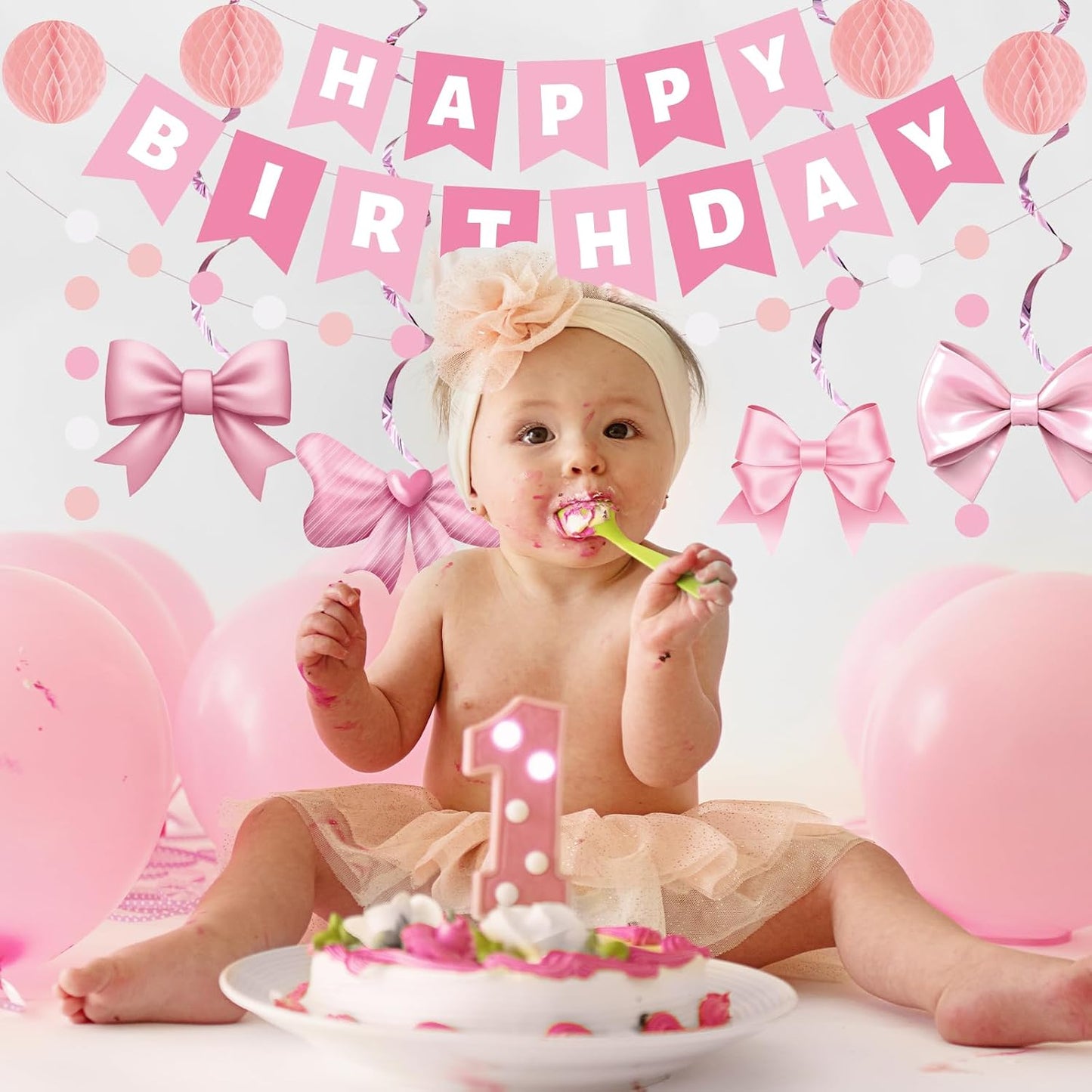 38 Pcs Pink Birthday Party Decoration Set Pink Bow Banner Hanging Swirls Honeycomb Balls for Women Girls Bow Birthday Bachelorette Party Baby Shower Party Supplies BST220