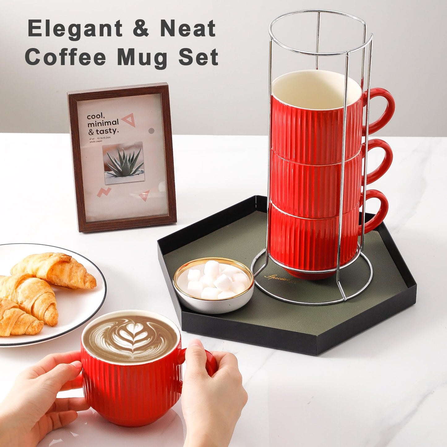 HASENSE 15 oz Ribbed Stackable Coffee Mug Set of 4, Porcelain Latte Cups with Metal Rack, Dishwasher & Microwave Safe, Cappuccino Tea Hot Cocoa, White BST220