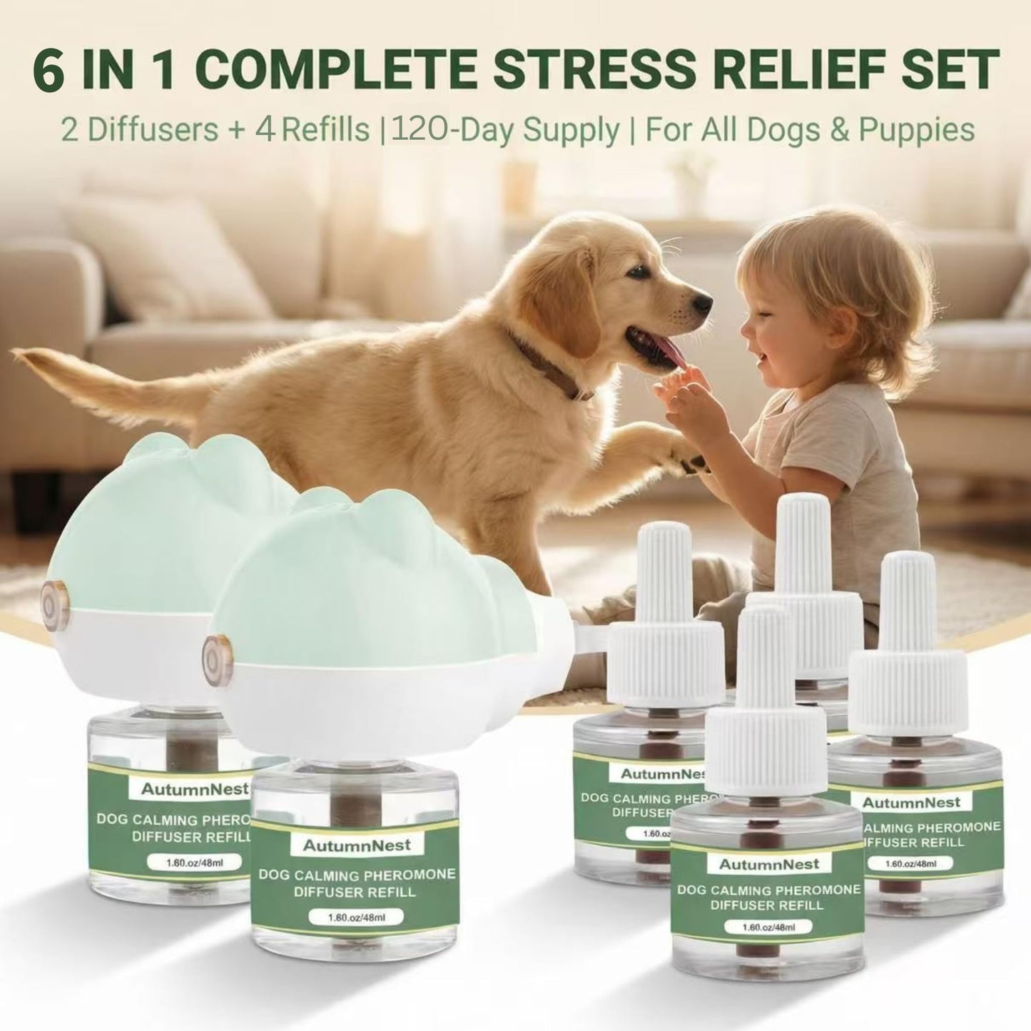 8-in-1 Dog Calming Pheromone Diffuser Kit – Pet Stress Support (2 Plug-Ins & 6x48ml Refills), Calming Diffuser for Dog During Thunderstorms, Travel, Separation, Fireworks & Vet Visits, 180-Day Supply WN420