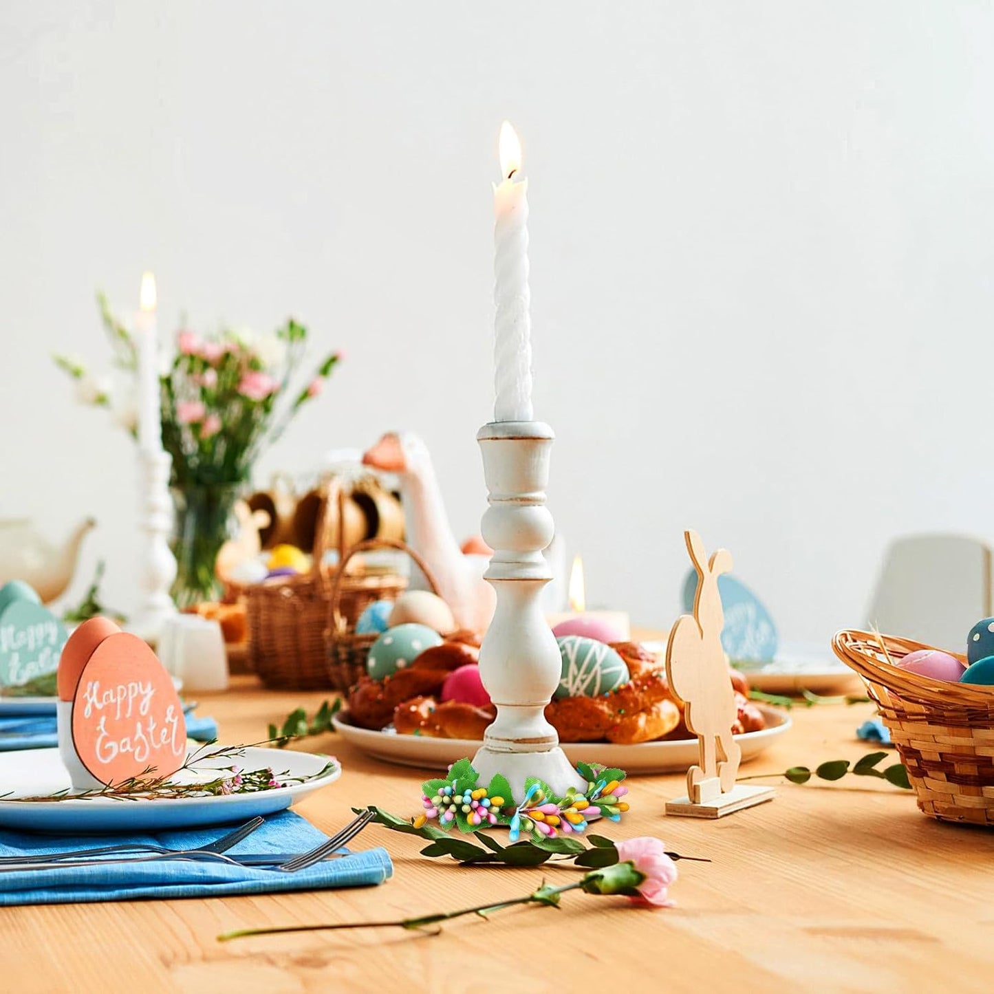 PATKAW 4 PCS Easter Candle Rings Wreaths, Spring Mini Artificial Greenery Wreath for Pillar Candles, Floral Leaf Candl·e Ring Decor for Holiday Party Table Centerpiece, Home Kitchen Decoration BST202