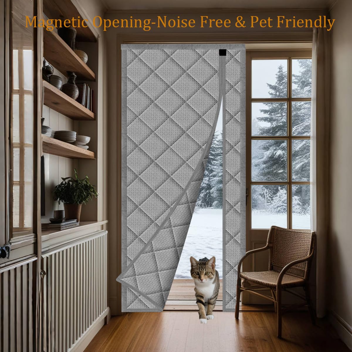 Thermal Door Curtain Fits Doors Size 38"x80"，Curtain Size 41"x82", Magnetic Insulated Curtain Side Open Keep Warm in Winter Cool in Summer,Diamond Pattern,Gray WN420