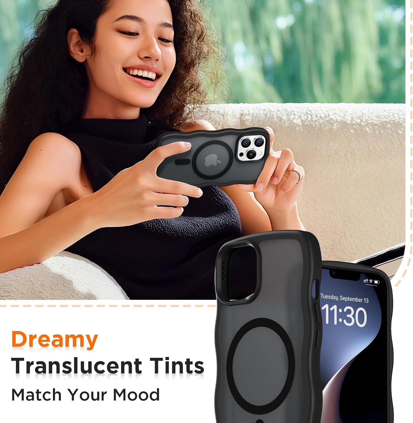 Magnetic for iPhone 13 Pro Case, Compatible with MagSafe Cute Wave Non-Slip Translucent Matte Easier Grip Shockproof Phone Case for iPhone 13 Pro, Black WN420