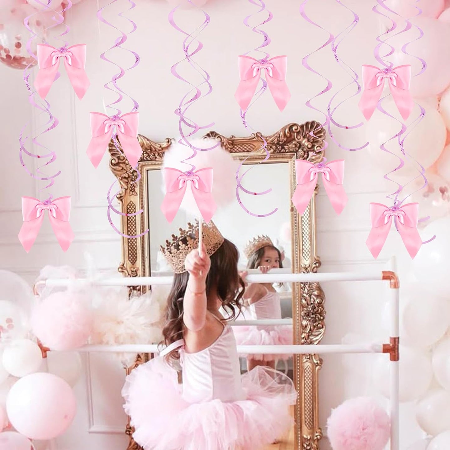 BEISHIDA Pink Bow Party Hanging Swirls Decorations, 36PCS Satin Ribbon Bow Party Decorations Pre-Strung for Birthday Wedding Baby Shower Bachelorette Supplies WN420