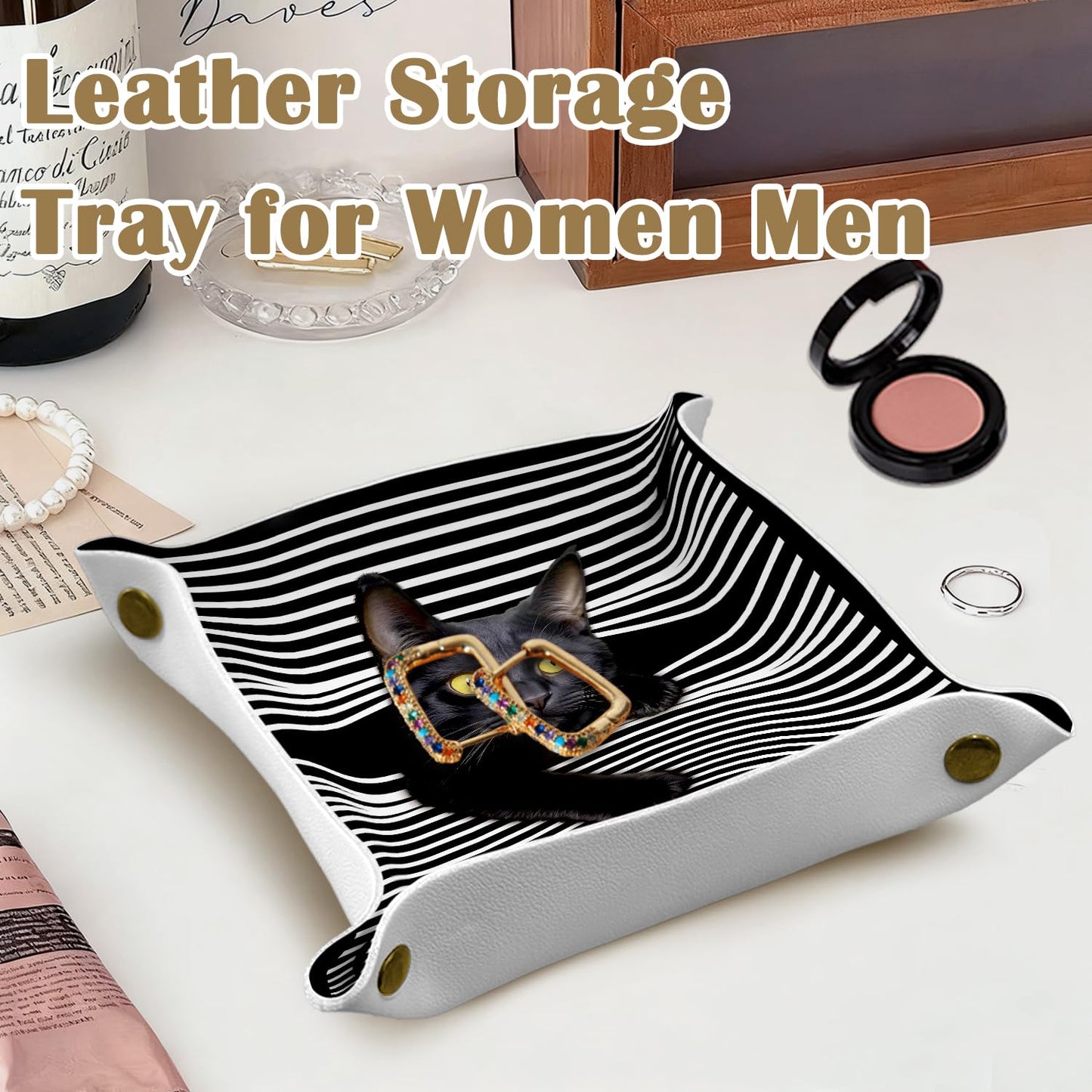 Marble Jewelry Valet Tray for Women Men, Black and Gold Marble PU Leather Catchall Beside Caddy Nightstand Organizer Tray for Jewelry Rings Watches Keys and Accessories, 7.87x7.87in BST220