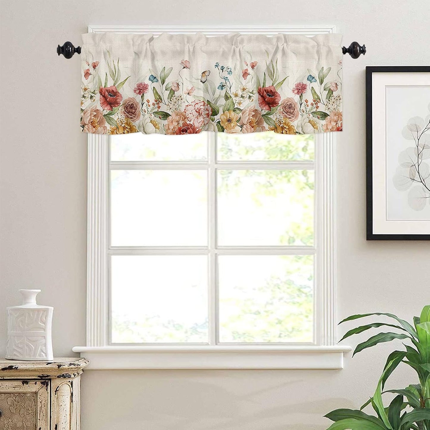 Spring Rose Curtain Valances for Windows, Wild Flowers Butterfly Linen Texture Rod Pocket Valance Window Treatments Botanical Short Curtains for Kitchen Bathroom Living Room 54 x 18 Inches, 1 Panel BST220