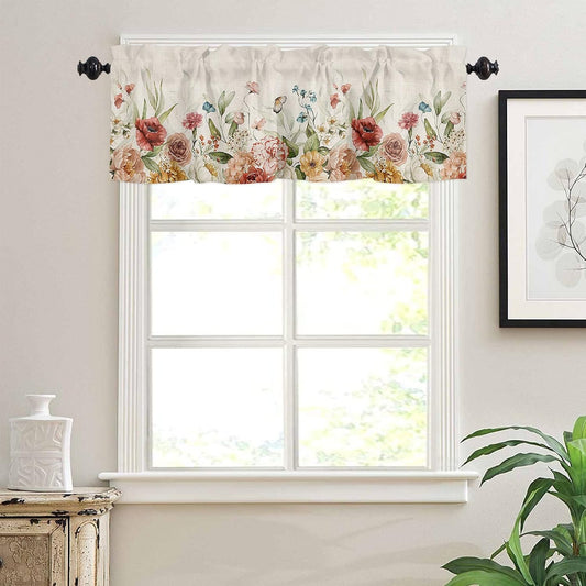 Spring Rose Curtain Valances for Windows, Wild Flowers Butterfly Linen Texture Rod Pocket Valance Window Treatments Botanical Short Curtains for Kitchen Bathroom Living Room 54 x 18 Inches, 1 Panel BST220