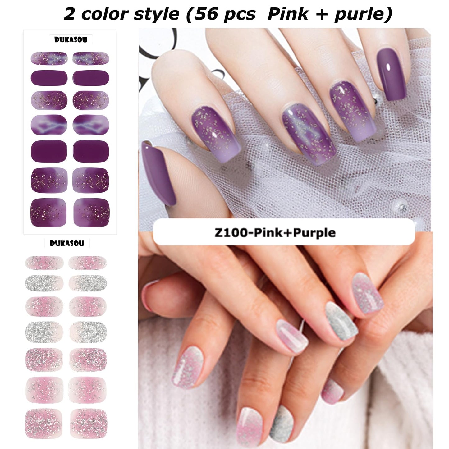 Semi Cured Gel Nail Strips, 56Pcs Nail Art Stickers/Wraps, Long Lasting UV Nail Polish Strips for Adults (Silver Rhinestones+French Tip Glitter) BST220