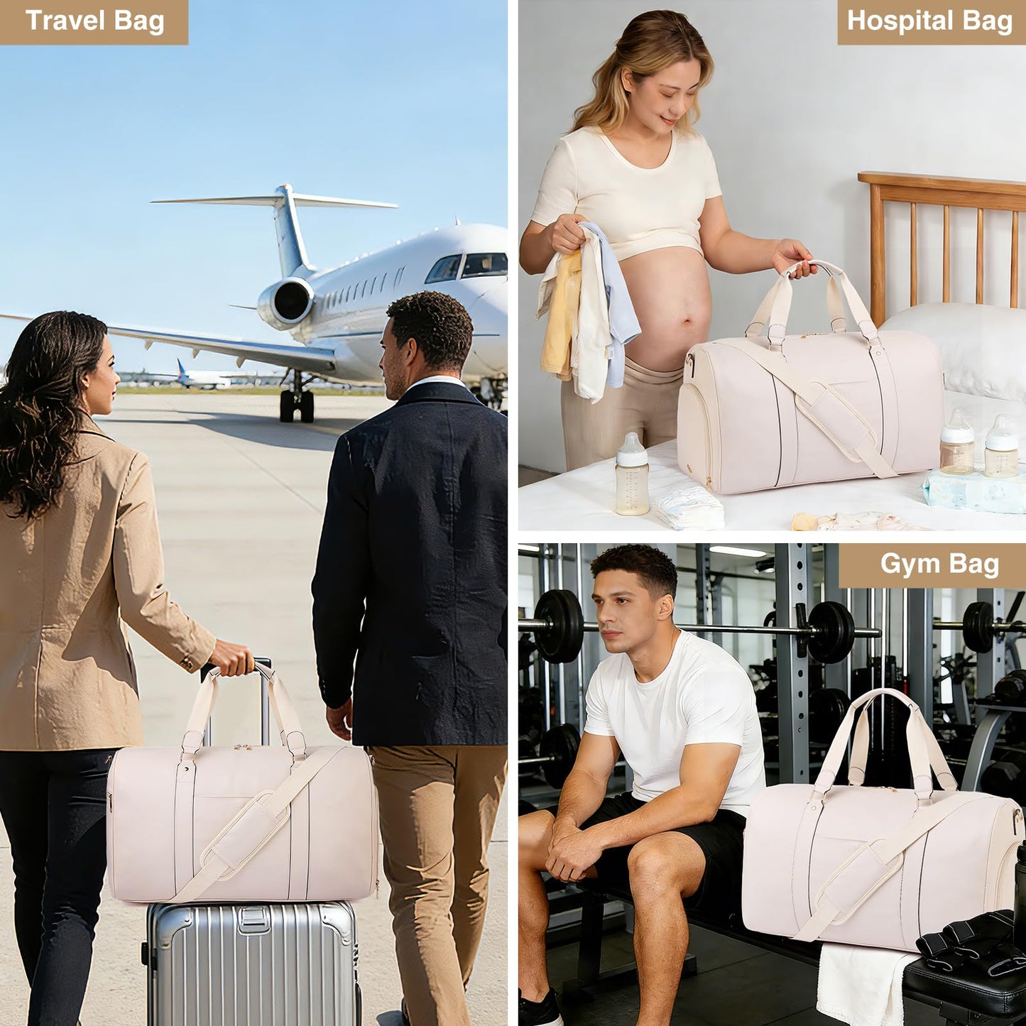 Large 4-in-1 Leather Duffle Bag for Travel Weekender Overnight Hospital Gym Bag for Men & Women, Carry On Airline Approved Personal Item Duffel Garment Bag Luggage with Shoe Compartment & Toiletry Bag BST326H