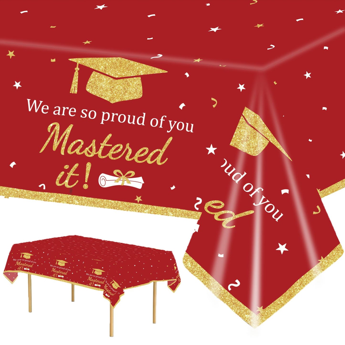 3PCS Mastered It Graduation Tablecloth Black Gold Congrats Grad Table Cover Plastic Master's Graduation Party Supplies for Class of 2026 Master College Disposable Decorations WN420