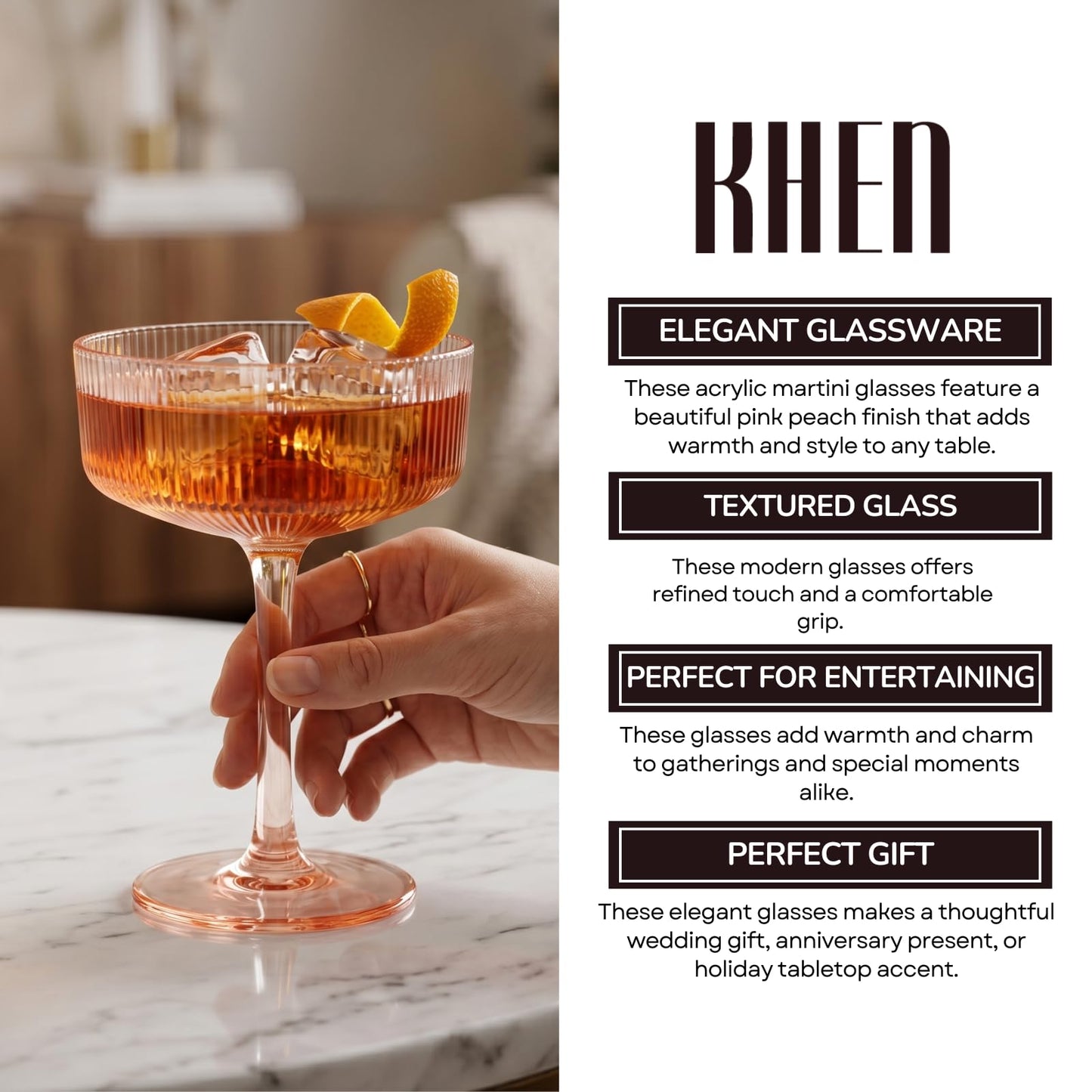 Khen Pink Peach Acrylic Ribbed Coupe Martini Champagne Cocktail Glasses, Set of 4, 8 oz Shatterproof Ripple Stemware European Style Reusable Drinkware Goblets, Indoor Outdoor Parties Weddings Bar Gift BST220