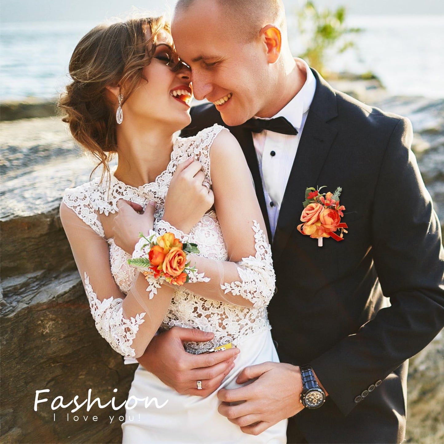 Prom Corsage And Boutonniere Set Orange – Artificial Silk Wrist Corsage & Boutonniere For Men Wedding – Groom Boutonniere For Prom, Homecoming, Courthouse Wedding, White Rose Corsage Wristlet Gift Set BST202