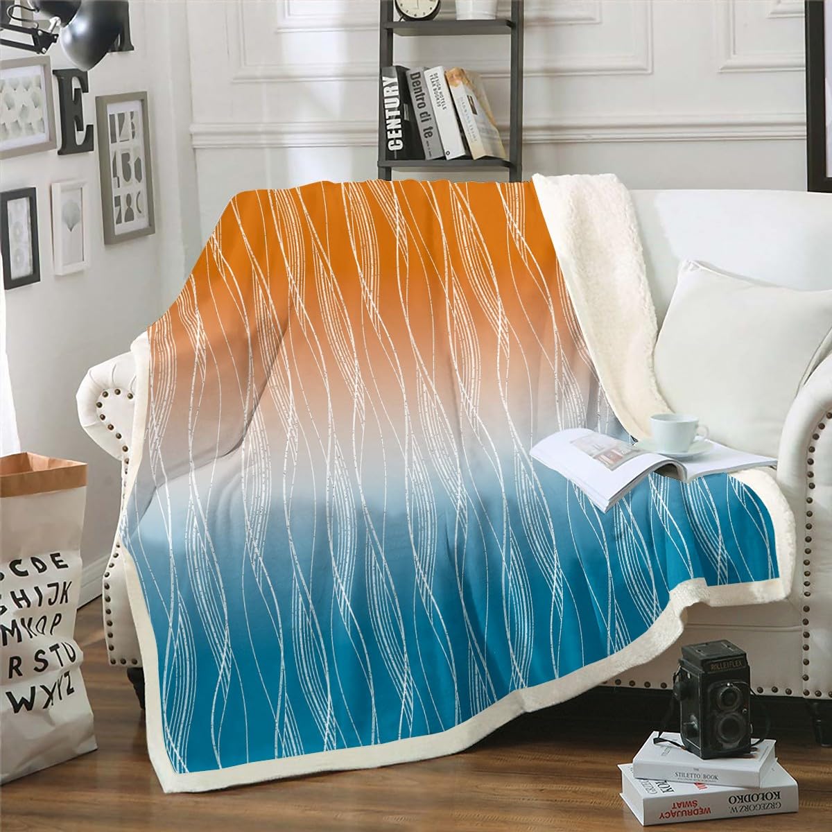 Erosebridal Boys Blue Red Throw Blanket 40"X50" Abstract Ombre Kids Fleece Bed Blanket Geometric Striped Sherpa Blanket Silver White Wavy Line Warm Fuzzy Blanket Soft Lightweight Bedroom Decor BST326H