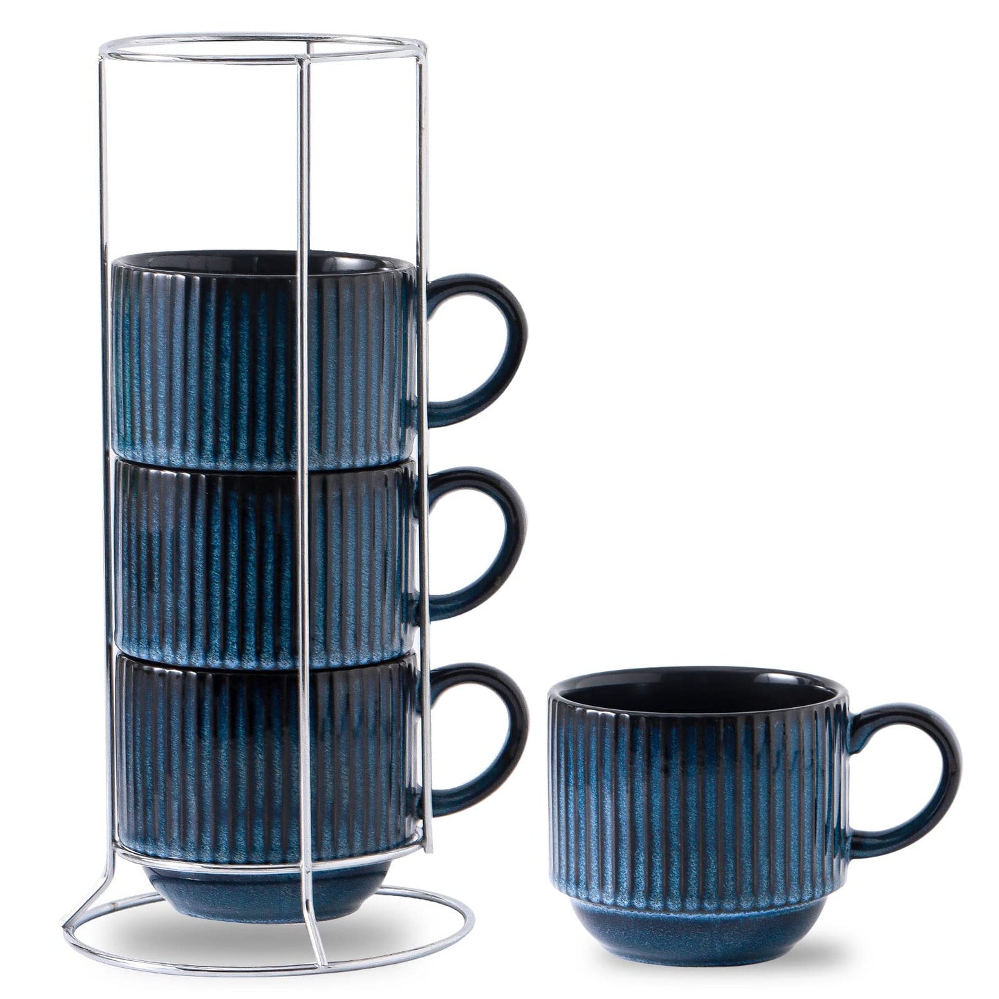 HASENSE 15 oz Ribbed Stackable Coffee Mug Set of 4, Porcelain Latte Cups with Metal Rack, Dishwasher & Microwave Safe, Cappuccino Tea Hot Cocoa, White BST220
